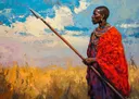 Schilderij van een Maasai-krijger in rood gewaad met speer in gouden savanne