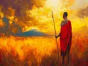 Maasai krijger in de savanne bij zonsondergang
