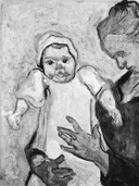 Madame Augustine Roulin with Baby van Vincent van Gogh: figuren met moeder, baby, handen en zittend, in zwart-wit