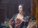 Madame de Pompadour Munich 5 van François Boucher: portret met vrouw, zijden jurk, bloemen en strikken, in roze en groen