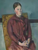 Madame in a Yellow Chair van Paul Cezanne: portret met vrouw, stoel, zittend en jurk, in roodbruin met okergeel