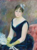 Madame Léon Clapisson van Pierre-Auguste Renoir: portret met vrouw, blauwe jurk, handschoenen en zittend, in diep blauw met roze