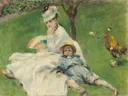 Madame Monet and Her Son van Pierre-Auguste Renoir: figuren met vrouw, kind, gras en haan, in fris groen met wit