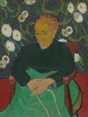 Madame Roulin Rocking the Cradle (La berceuse) van Vincent van Gogh: portret met vrouw, groene jurk, bloemenbehang en stoel, in groen met rood