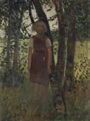 Mädchen am Birkenstamm 1903 van Otto Modersohn: landschap