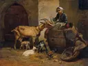 Mädchen mit Ziege van Leopold Brunner: dieren met geit, meisje, lammetje en ton, in warm bruin en oker