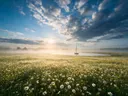 Landschapsfoto van madeliefje bij de ochtendmist, met een zeilbootje