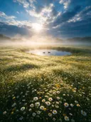 Landschapsfoto van madeliefje bij de ochtendmist, met een koppel eenden