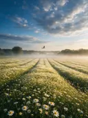 Landschapsfoto van madeliefje bij de ochtendmist, met een torenvalk