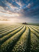 Landschapsfoto van madeliefje bij de ochtendmist, met een oude tractor