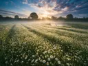 Landschapsfoto van madeliefje bij de ochtendmist, met een reiger