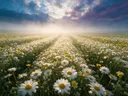 Landschapsfoto van madeliefje bij de ochtendmist