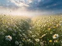 Landschapsfoto van madeliefje bij de ochtendmist, met een libelle