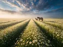 Landschapsfoto van madeliefje bij de ochtendmist, met een merrie met haar veulen