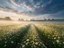 Landschapsfoto van madeliefje bij de ochtendmist, met een stoomtrein in de verte