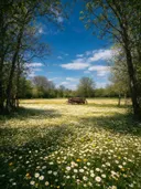 Landschapsfoto van madeliefje bij volle zon, met een houten kar