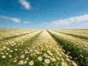 Landschapsfoto van madeliefje bij volle zon, met een zwerm vogels