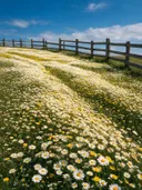Landschapsfoto van madeliefje bij volle zon, met een houten hek