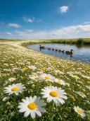 Landschapsfoto van madeliefje bij volle zon, met een eend met haar kuikens