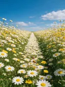 Landschapsfoto van madeliefje bij volle zon, met een bij tussen de bloemen