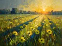 Schilderij van madeliefje in de weide in citroen, in vlakke kleurvlakken