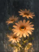 Schilderij van madeliefje van dichtbij in perzik, in vlakke kleurvlakken