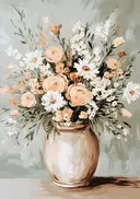 Schilderij van madeliefjes en rozen in een vaas