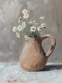 Schilderij van madeliefjes in een terracotta kan.