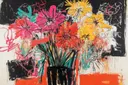 Teal roze oranje en gele madeliefjes in zwarte vaas op zwarte graffiti achtergrond