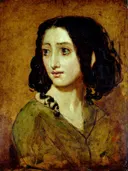 Mademoiselle Rachel van William Etty: portret met vrouw, donker haar en jurk, in warm bruin en olijfgroen