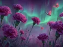 Schilderij van magenta anjers met vlinders onder poollicht