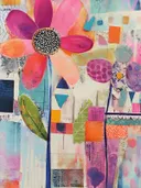 Abstract schilderij met een grote magenta bloem met gestippelde kern op een kleurrijke geometrische achtergrond