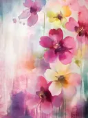 Aquarel van magenta en gele bloesems in een verticale cascade
