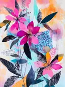 Magenta clematisbloemen met zwarte bladeren op een kleurrijke abstracte achtergrond