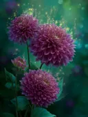 Schilderij van magenta dahlia's met gouden lichtdeeltjes in een groen bos