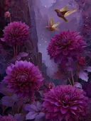 Schilderij van magenta dahlia's met twee kolibries in de schemering