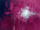 Abstract schilderij met het paletmes in magenta en indigo