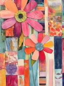 Grote roze-paarse bloem met gele meeldraden en een oranje-rode bloem met blauw hart op een collage-achtergrond.