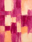 Abstract schilderij met het paletmes in magenta en perzik