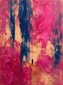 Magenta en pruisisch blauw in verticale halen, abstract schilderij met het paletmes