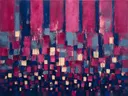 Magenta en pruisisch blauw van klein naar groot, abstract schilderij met het paletmes