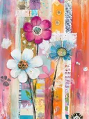 Schilderij met magenta en witte bloemen op een achtergrond met geschilderde verticale planken in oranje en roze