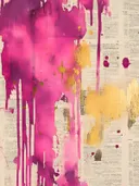 Abstracte magenta en gouden verfdrips over een achtergrond van krantenpapier.
