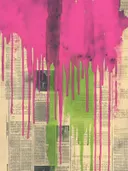 Magenta en groene verfdruppels over een krantencollage met foto's