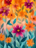 Aquarel schilderij van magenta en oranje bloemen op een oranje-turkooizen achtergrond