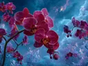 Schilderij van magenta orchideeën tegen een kosmische sterrenhemel