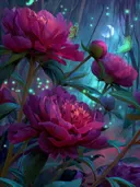 Schilderij van magenta pioenen in een nachtbos onder een wassende maan