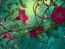 Schilderij van magenta trompetbloemen tussen groene ranken