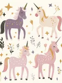 Illustratie van vier eenhoorns met sterren, kinderkamer schilderij