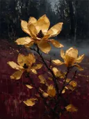 Magnolia aan de bosrand in goudoker, schilderij van magnolia tegen de lucht